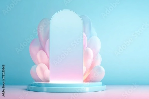 Fototapeta Soft pastel backdrop features an elegant arch, surrounded by flu