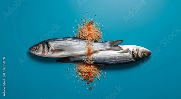 Fototapeta Two fresh fish with orange sauce on a blue background