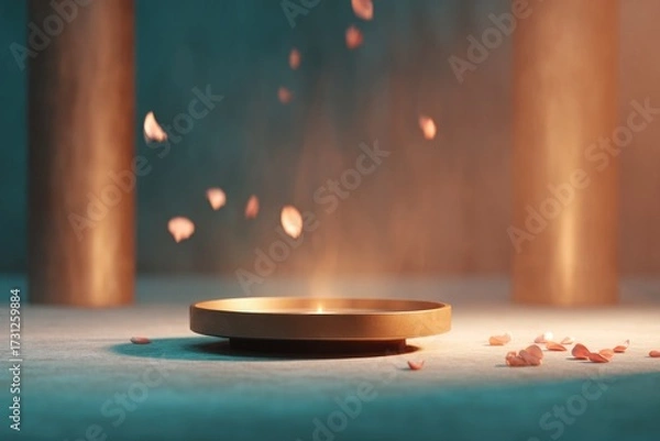 Fototapeta Soft petals floating above wooden dish, illuminated by gentle li