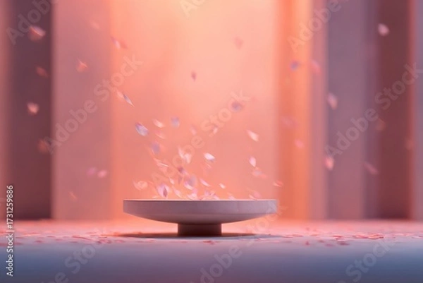 Fototapeta Delicate petals float above minimalist plate, bathed in soft pin