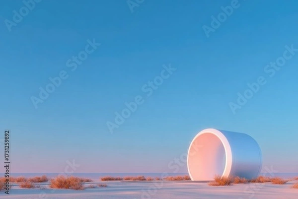 Fototapeta large white cylindrical shape rests in serene desert landscape u