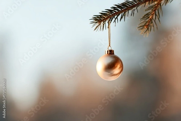 Fototapeta Shimmering ornament dangles from pine branch against soft blurre