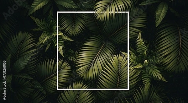 Fototapeta Overhead view of lush green fern leaves with a white rectangular frame