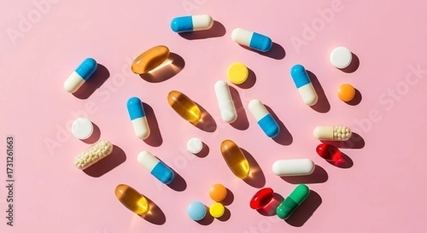 Fototapeta Assortment of colorful pills and capsules scattered on a pink background