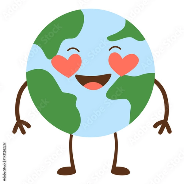 Fototapeta Happy Earth mascot with heart-shaped eyes, expressing love for nature, ideal for Valentine’s, Earth Day, or emotional eco-campaigns.

