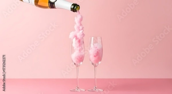 Fototapeta Champagne pouring into two glasses on a pink background