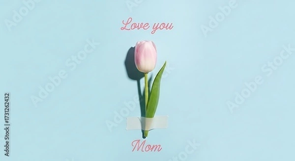 Fototapeta Single pink tulip against a soft blue background with subtle text