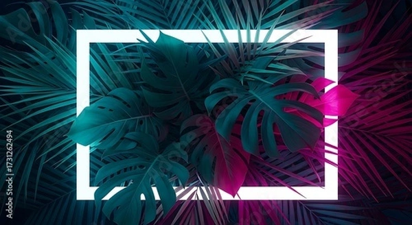 Fototapeta Square frame on dark tropical leaves with neon light