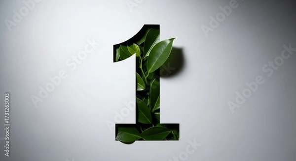Fototapeta Green number one shape with leafy texture and shadow