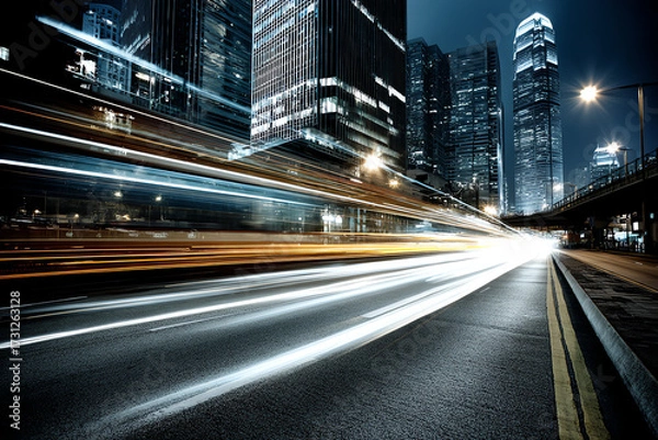 Fototapeta Light trails of fast-moving vehicles on a city road with tall illuminated skyscrapers at night.