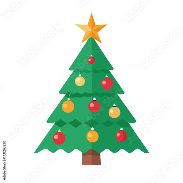 Fototapeta Green Christmas tree with red and gold ornaments green tree