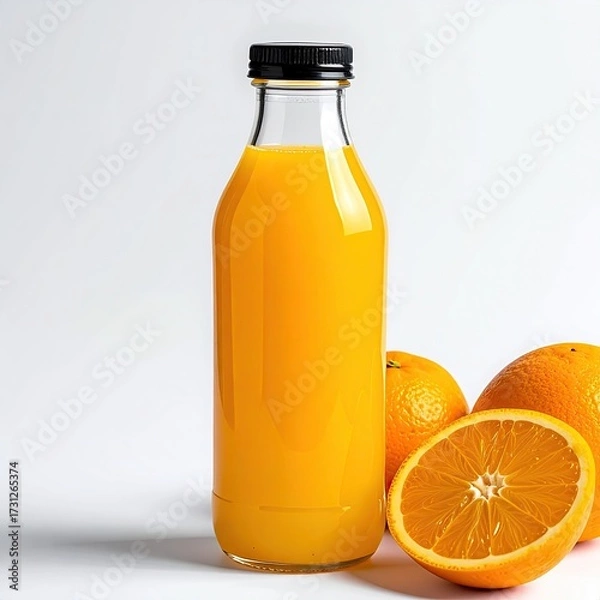 Fototapeta Orange juice in glass bottle, with oranges. Isolated