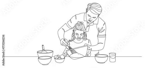 Fototapeta Continuous line drawing illustration of a father and daughter cooking together at home. The father gently guides his daughter as she whisks ingredients in a mixing bowl