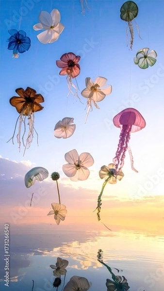 Obraz Floral jellyfish hang from sky, mirrored in water