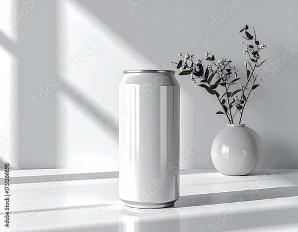 Fototapeta Sleek white can near vase, bright light & shadow