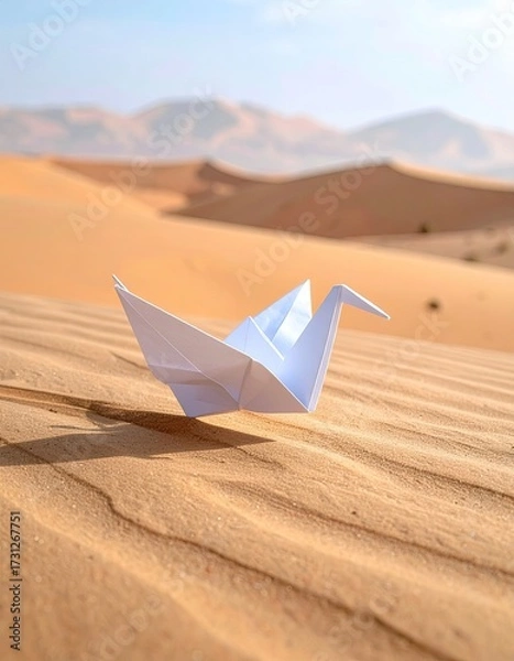 Fototapeta Paper crane rests in desert. Sand dunes stretch far