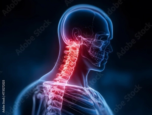 Fototapeta Detailed 3D Rendering of Human Neck and Shoulder Anatomy with Luminous Spine Visualization