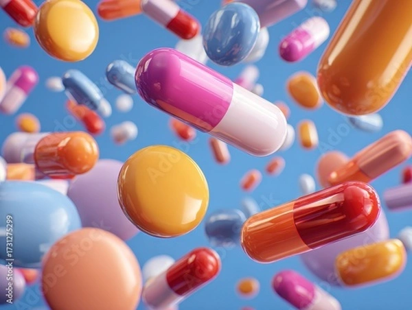 Fototapeta Vibrant and Floating Pharmaceutical Pills and Capsules in a Colorful Abstract Background