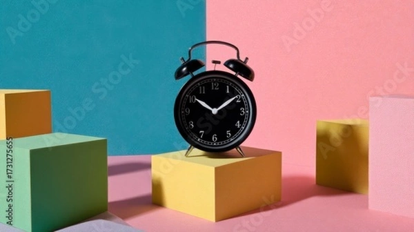 Fototapeta Balanced Black Alarm Clock on Vibrant Colorful Background with Cubes in Flatlay Composition