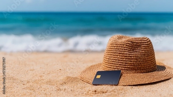 Fototapeta Relaxing on Sandy Beach with Straw Hat and Credit Card for a Perfect Sunny Day Escape