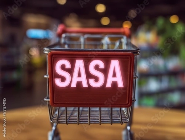 Fototapeta Modern Shopping Cart with Bright Neon Signage in Contemporary Retail Space for Business Networking Concepts