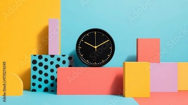 Fototapeta Bright Multicolor Clock on Geometric Blocks in a Vibrant Studio Arrangement