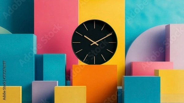 Fototapeta Colorful Geometric Shapes with a Black Clock Against a Bright Multicolored Background