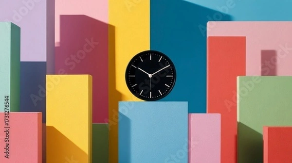 Fototapeta Vibrant Clock Displayed Among Colorful Geometric Blocks in Bright Multicolor Arrangement