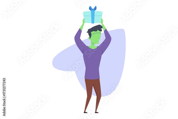 Obraz Cartoon character inspired by Frankenstein standing happily with wrapped gift above his head. Halloween celebration concept