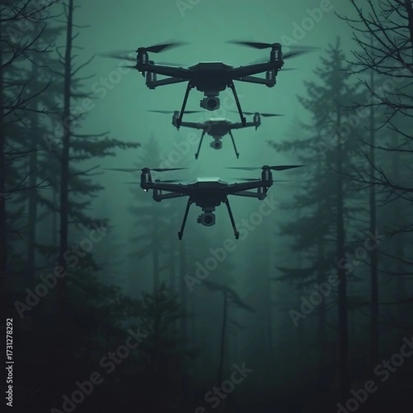 Fototapeta Drones flying misty forest.