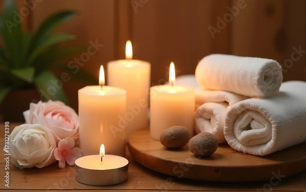 Fototapeta Spa setting with candles on wood. High quality