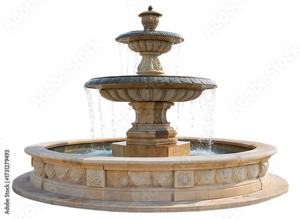 Fototapeta Beautiful stone water fountain with flowing cascades in serene garden setting under sunny sky