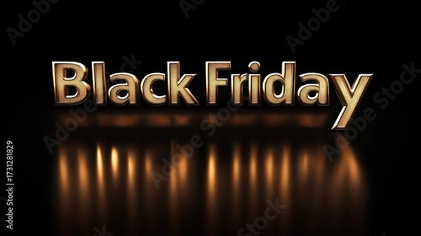 Fototapeta Golden black friday text with reflections on a dark surface for a promotional advertisement