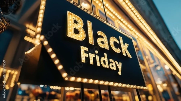 Fototapeta Illuminated black friday sign hanging outside a store with bright lights around the edges
