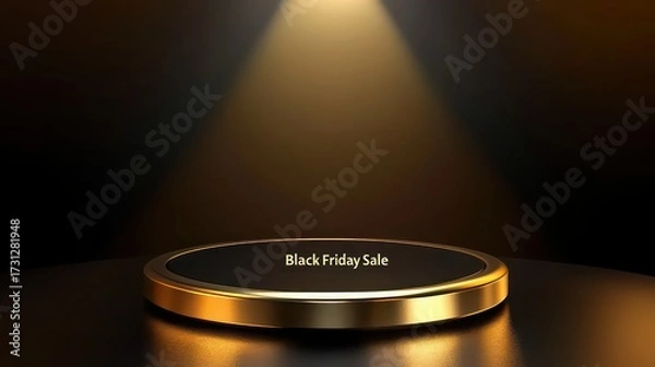 Fototapeta A black friday sale display with a golden platform under a bright spotlight on a dark background