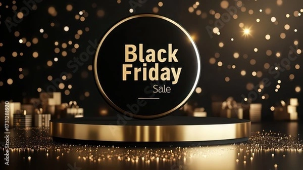 Fototapeta Black friday sale display with gold accents and gift boxes on a dark bokeh background for promotions