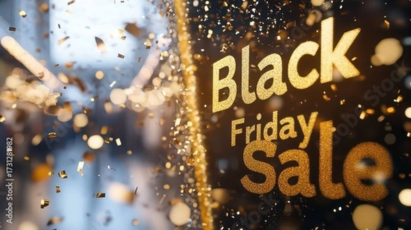 Fototapeta Golden black friday sale text with confetti falling on a dark background for promotion event