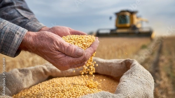Fototapeta A farmer holds grains in hands, showcasing the harvest against a backdrop of agricultural machinery in a vast field.