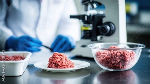 Fototapeta A laboratory setting showcasing raw ground meat samples on plates, with a microscope, indicating scientific analysis of food.