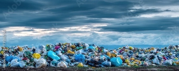 Fototapeta A vast landfill site overflowing with colorful plastic waste under a cloudy sky, highlighting environmental pollution and waste management issues.