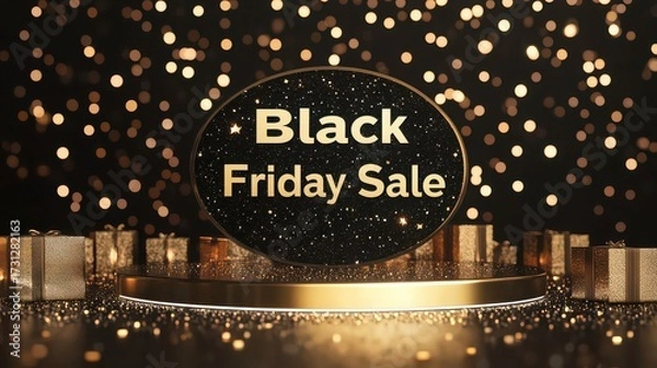 Fototapeta Black friday sale sign on gold platform with gifts and bokeh lights in the background