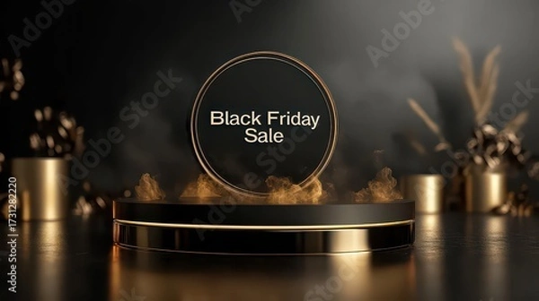 Fototapeta Black friday sale text in golden circle above platform with gold accents and dark background