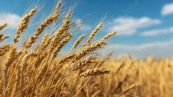 Fototapeta Golden wheat sways gently in a sunny field, under a bright blue sky with fluffy clouds, symbolizing agricultural abundance.