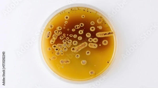 Fototapeta A circular petri dish filled with a golden-brown substance, showcasing various bacterial colonies growing in a liquid medium.