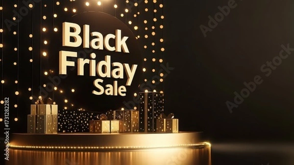 Fototapeta Black friday sale display with gold lettering gifts and string lights on a golden platform