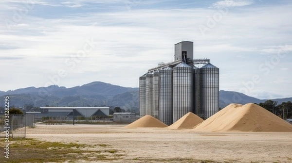 Fototapeta A large grain storage facility with silos and sand piles under a cloudy sky, surrounded by mountains and an industrial landscape.