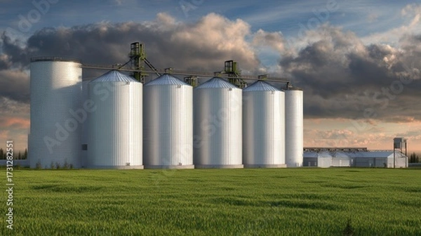 Fototapeta A row of tall, cylindrical silos stands against a dramatic sky, surrounded by lush green fields, depicting a modern agricultural landscape.