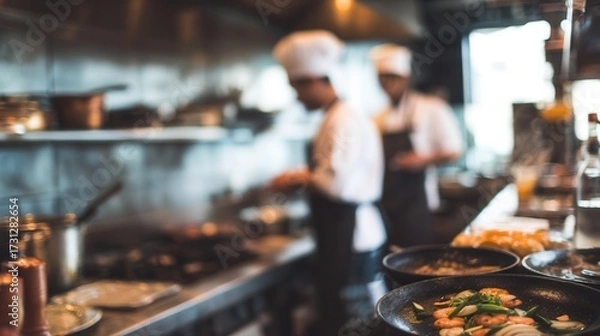 Fototapeta A bustling kitchen scene with chefs preparing dishes, showcasing vibrant food and kitchen equipment in a professional culinary environment.