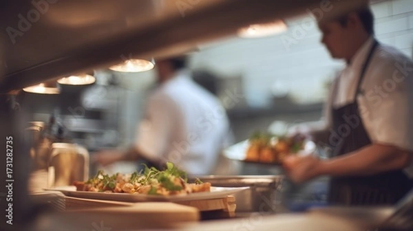 Fototapeta A bustling kitchen scene with chefs preparing and plating dishes, showcasing culinary artistry and teamwork in a vibrant restaurant environment.