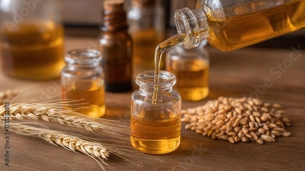 Fototapeta A bottle is pouring golden oil into a small jar, surrounded by glass containers and wheat grains on a wooden surface.